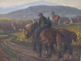 a painting of two men riding horses on a dirt road