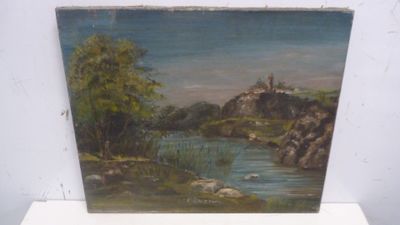 une peinture à l'huile représentant une rivière avec un château en arrière-plan