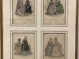 three framed prints of ladies in period dress sitting at a table