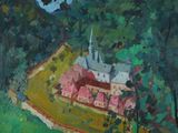 une peinture à l'huile représentant une église dans un champ verdoyant parsemé d'arbres