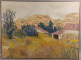 une image représentant un tableau de paysage avec une grange au loin