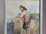 an image of a painting of a man leaning on a wall