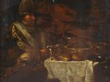 an image of a painting of a man sitting at a table with a plate of food