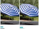 deux photos d'un parapluie bleu et blanc dans la rue