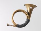a brass instrument with a black handle on a white background