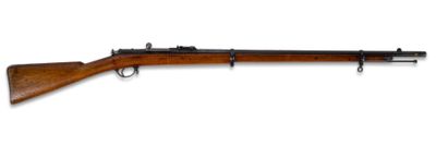 un fusil avec un canon en bois sur fond blanc