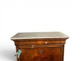 a wooden chest with a marble top on a white background