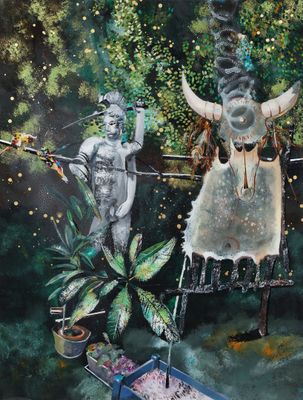 un tableau représentant un homme et une femme assis sur un banc
