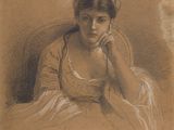 drawing of a woman sitting in a chair with her hand on her chin