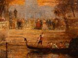 a painting of people on a boat in the water