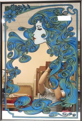 a woman that is looking into a mirror with blue hair