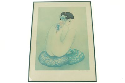 painting of a woman sitting on a mat with a flower in her hand