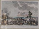 tableau représentant une scène de bataille avec un grand groupe d'hommes à cheval devant un château