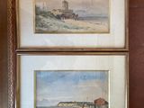 deux aquarelles encadrées représentant une plage et un phare
