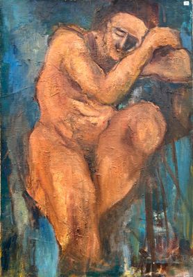 tableau représentant un homme nu assis sur une chaise devant un mur bleu