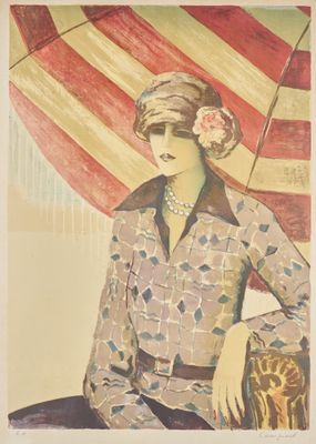 tableau représentant une femme assise sur une chaise, tenant un parapluie