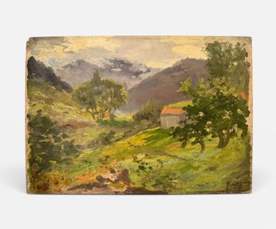 un tableau représentant un paysage de montagne avec une maison au loin