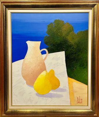 painting of a painting of a pitcher and a lemon on a table