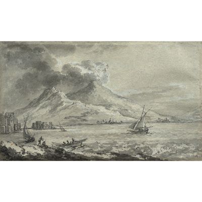un dessin représentant un bateau sur l'eau, près d'une montagne