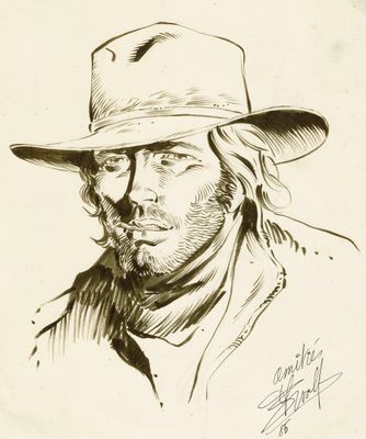 dessin représentant un homme coiffé d'un chapeau, une cigarette à la bouche