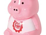 pink piggy piggy bank sitting on a white surface with a red heart on it ' s chest