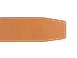 a close up of a brown leather belt with white stitching
