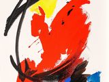 an abstract painting of red, yellow, and blue on a white background