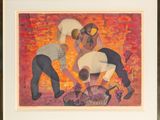 painting of three men working in a field with a bucket full of grapes