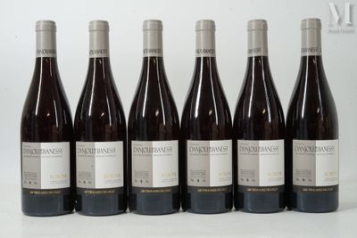 six bouteilles de vin sont alignées sur une table