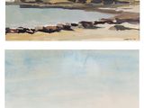 two paintings of a beach and a body of water with a lighthouse in the distance