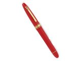 a close up of a red pen on a white background