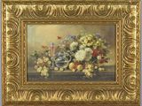 painting of a still life of flowers and fruit in a gold frame