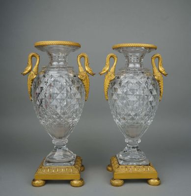 pair of antique cut glass vases with gilded gold handles