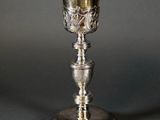 a silver cup on a silver plate with a flower decoration