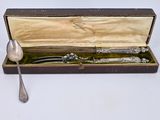 a silver spoon and spoon in a box with a spoon in it