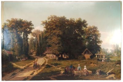 un tableau représentant une scène de vie à la ferme avec une calèche tirée par un cheval