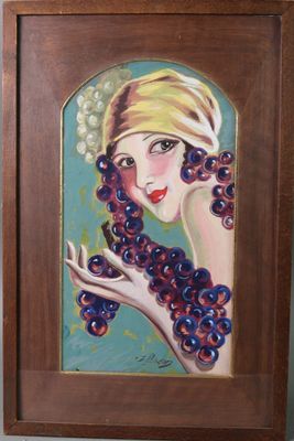 une peinture à l'huile représentant une femme avec des raisins dans les cheveux