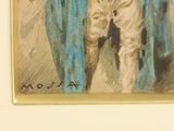 painting of a man in a blue robe and hat holding a sword