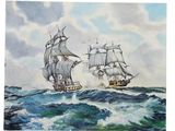 tableau représentant deux navires en mer sous un ciel nuageux