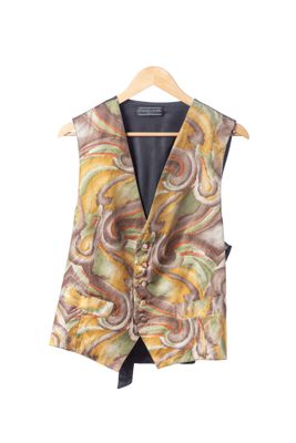 the vest is made of silk and has a multicolored pattern