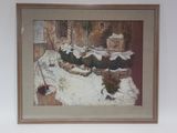 a painting of a woman sitting on a bench in the snow