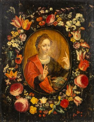 un tableau représentant un homme avec une couronne de fleurs devant lui