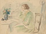 drawing of a woman sitting at a table with a book and a vase of flowers