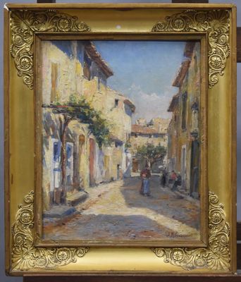 une peinture à l'huile représentant une scène de rue avec des personnes marchant dans la rue