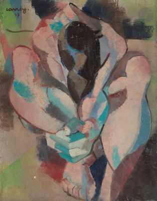 une peinture à l'huile représentant une femme assise par terre, les mains posées sur les genoux