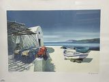 a picture of a painting of a boat on the beach