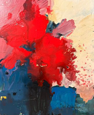 une peinture de fleurs rouges dans un vase sur une table
