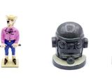 five figurines of people and a dog on a leash