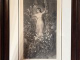 an old picture of a woman standing in a garden with flowers