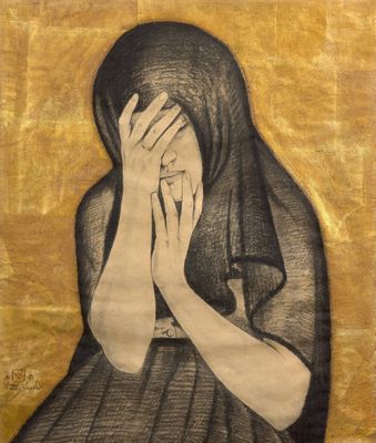 tableau représentant une femme se couvrant le visage de ses mains